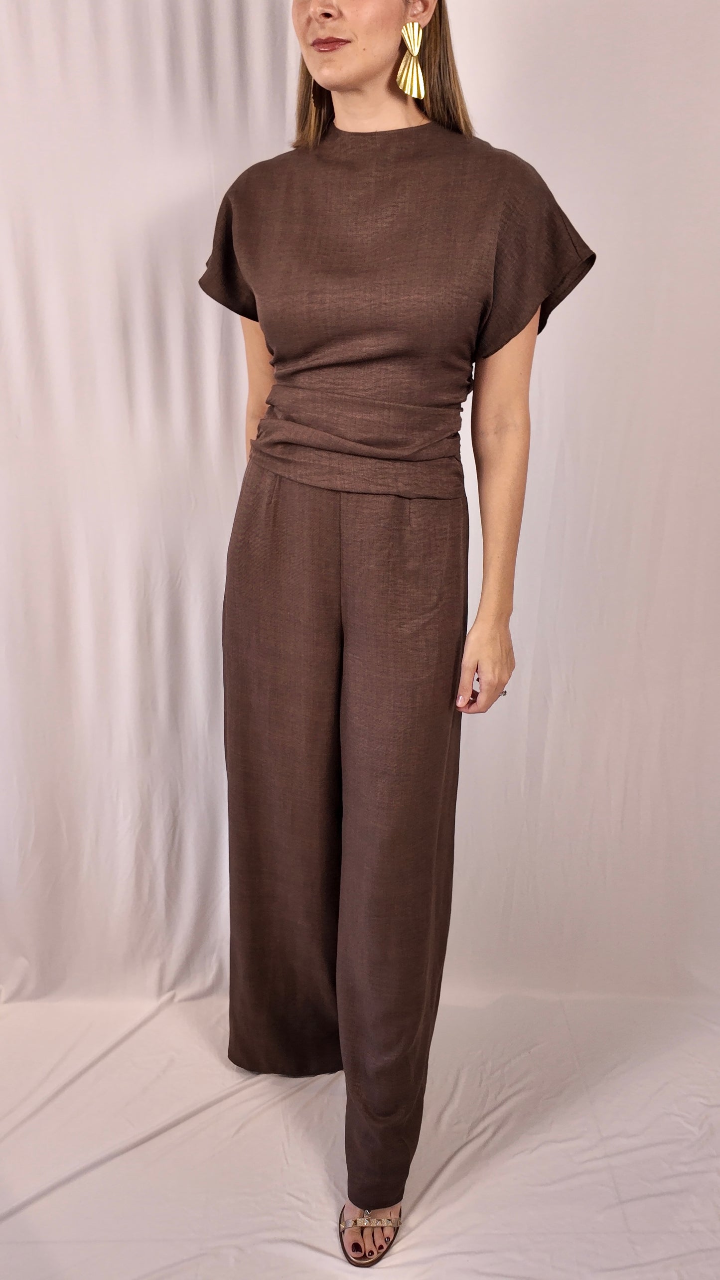 PREORDER Brown Ruched Wide Leg Jumpsuit