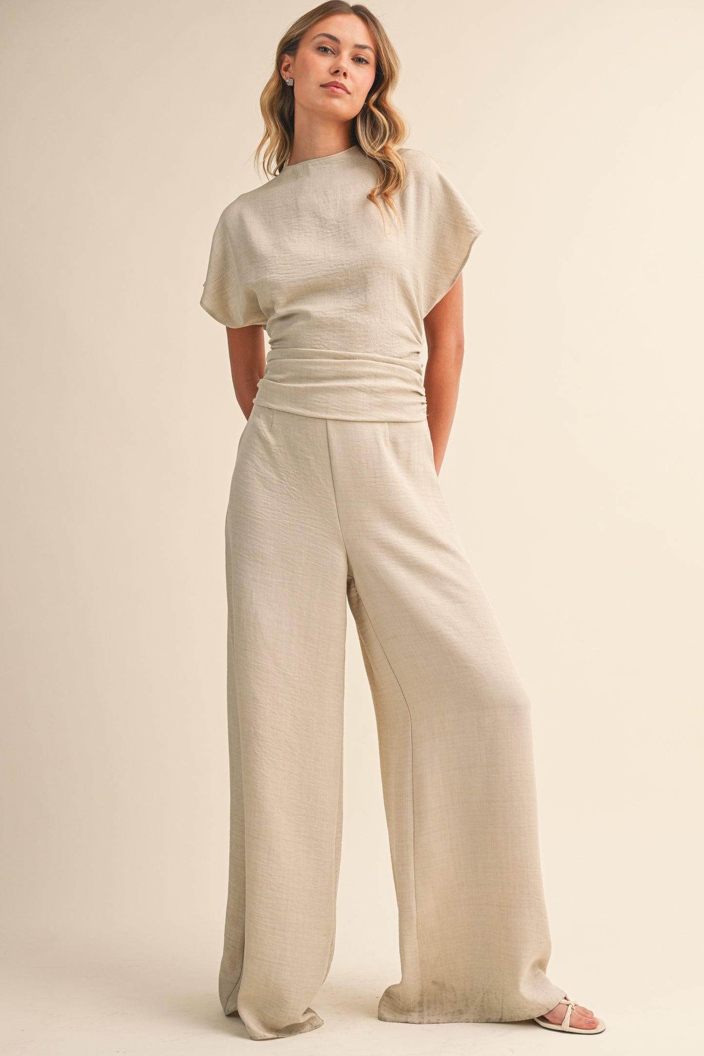 PRE ORDER Ruched Wide Leg Jumpsuit Cream (ETA JULY)
