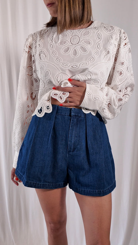High Waisted Pleated Denim Shorts