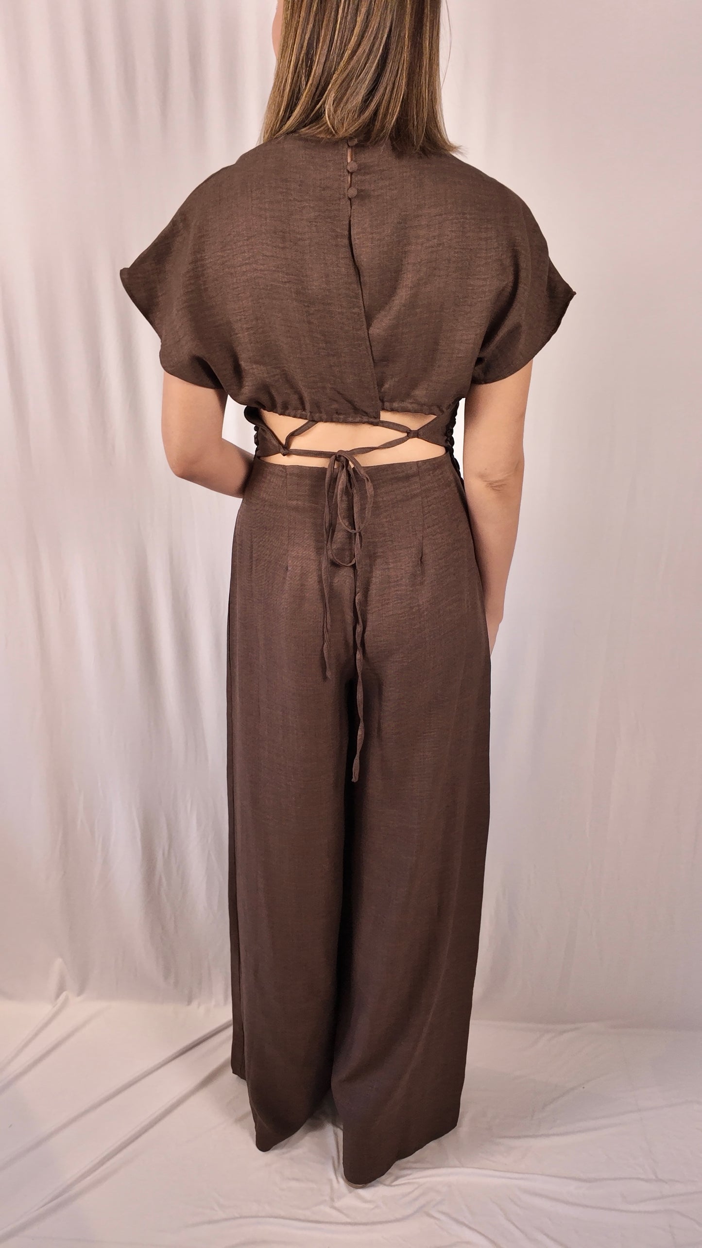 PREORDER Brown Ruched Wide Leg Jumpsuit