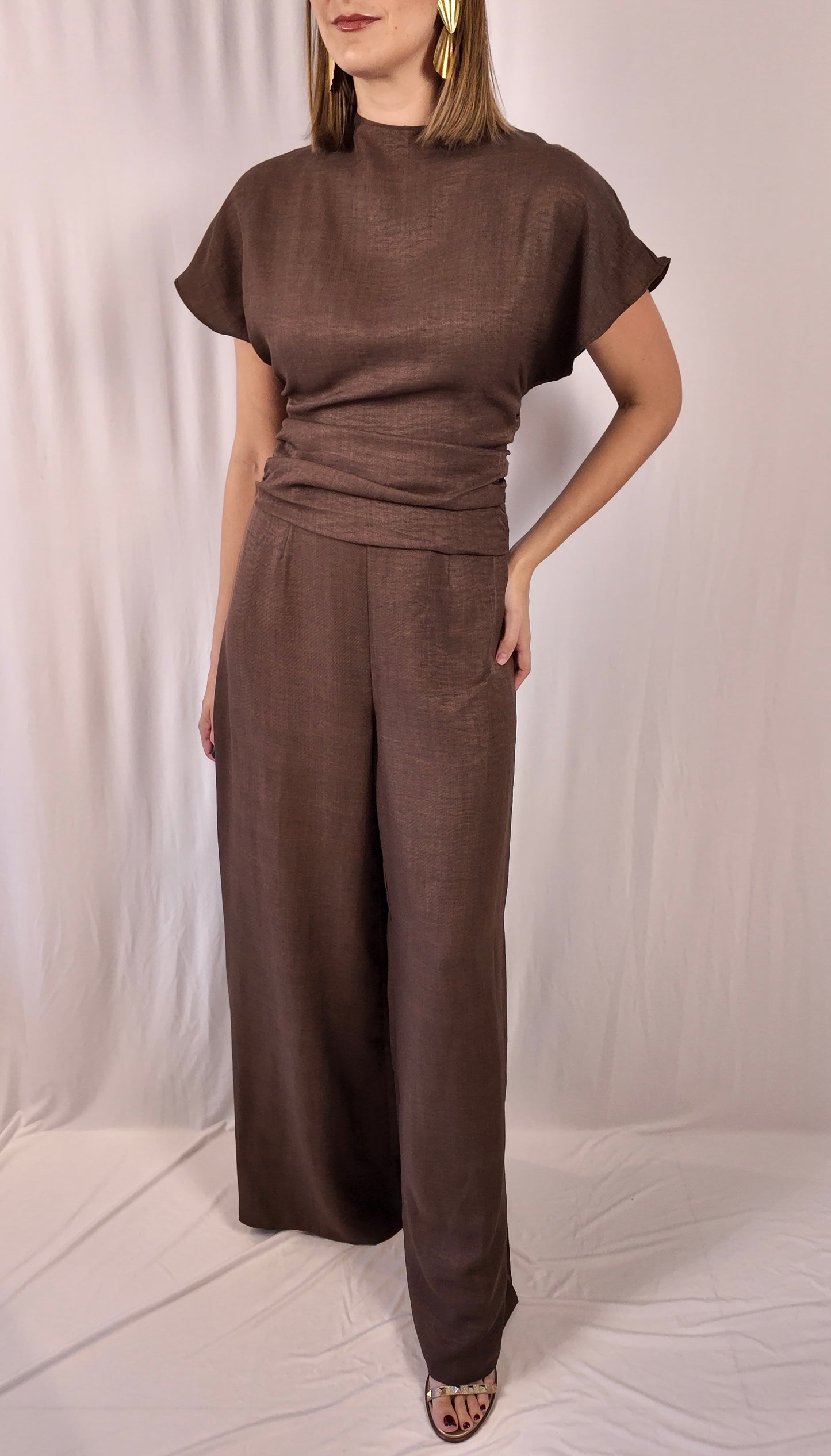 PREORDER Brown Ruched Wide Leg Jumpsuit