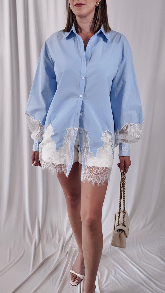 Blue Lace Trim Button Down Shirt