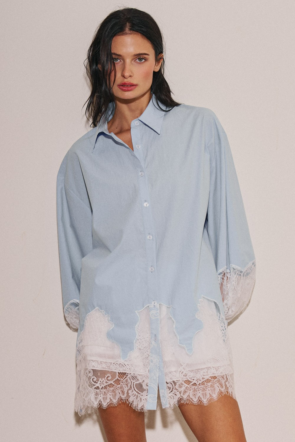 Blue Lace Trim Button Down Shirt